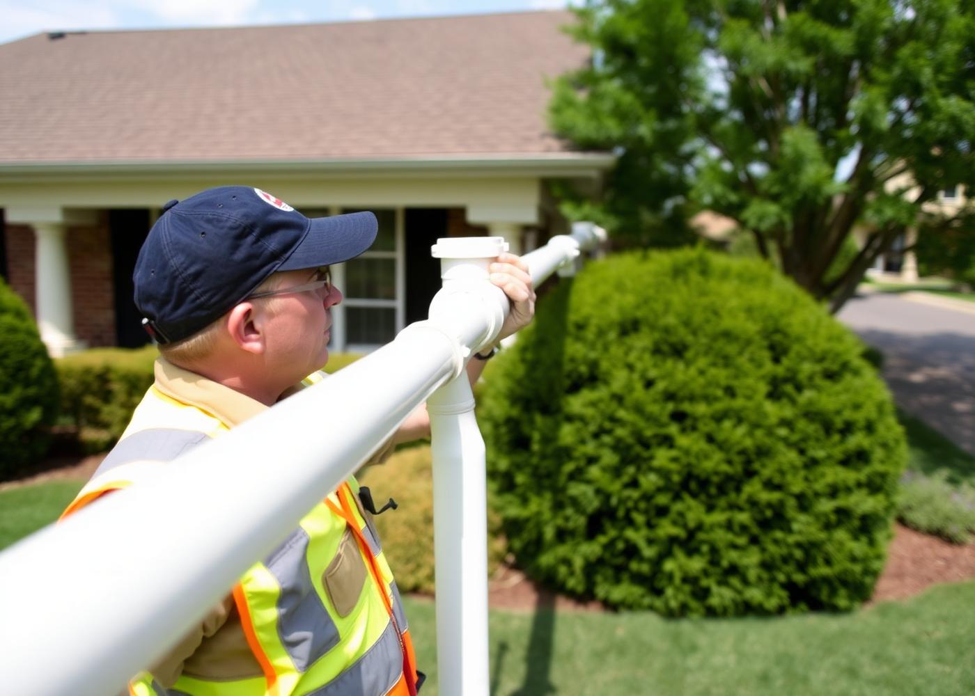Technician installing an exterior radon mitigation pipe on a suburban home